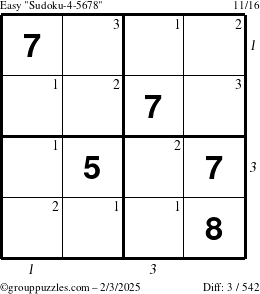 The grouppuzzles.com Easy Sudoku-4-5678 puzzle for Monday February 3, 2025 with all 3 steps marked