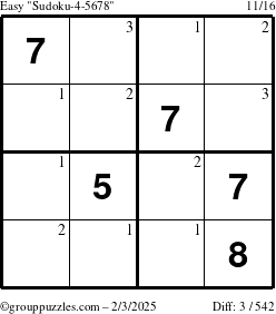 The grouppuzzles.com Easy Sudoku-4-5678 puzzle for Monday February 3, 2025 with the first 3 steps marked