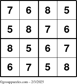 The grouppuzzles.com Answer grid for the Sudoku-4-5678 puzzle for Monday February 3, 2025