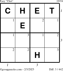 The grouppuzzles.com Easy Chet puzzle for Monday February 3, 2025 with all 3 steps marked