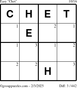 The grouppuzzles.com Easy Chet puzzle for Monday February 3, 2025 with the first 3 steps marked