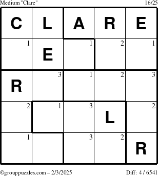 The grouppuzzles.com Medium Clare puzzle for Monday February 3, 2025 with the first 3 steps marked