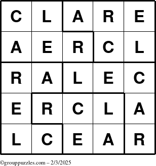 The grouppuzzles.com Answer grid for the Clare puzzle for Monday February 3, 2025