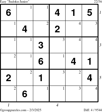 The grouppuzzles.com Easy Sudoku-Junior puzzle for Monday February 3, 2025 with all 4 steps marked