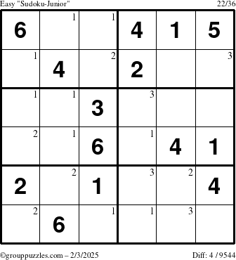 The grouppuzzles.com Easy Sudoku-Junior puzzle for Monday February 3, 2025 with the first 3 steps marked