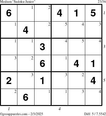 The grouppuzzles.com Medium Sudoku-Junior puzzle for Monday February 3, 2025 with all 5 steps marked