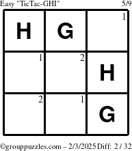 The grouppuzzles.com Easy TicTac-GHI puzzle for Monday February 3, 2025 with the first 2 steps marked