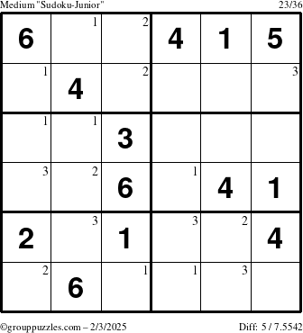 The grouppuzzles.com Medium Sudoku-Junior puzzle for Monday February 3, 2025 with the first 3 steps marked