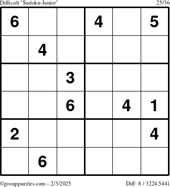 The grouppuzzles.com Difficult Sudoku-Junior puzzle for Monday February 3, 2025