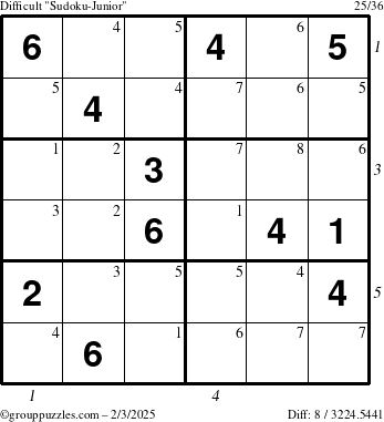 The grouppuzzles.com Difficult Sudoku-Junior puzzle for Monday February 3, 2025 with all 8 steps marked