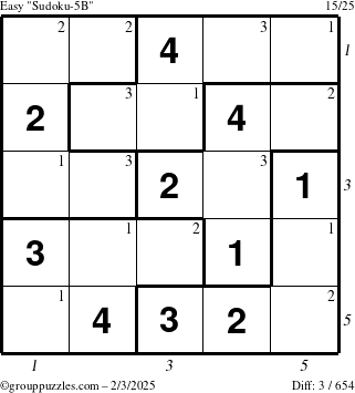 The grouppuzzles.com Easy Sudoku-5B puzzle for Monday February 3, 2025 with all 3 steps marked