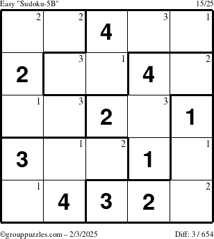 The grouppuzzles.com Easy Sudoku-5B puzzle for Monday February 3, 2025 with the first 3 steps marked