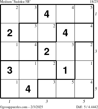 The grouppuzzles.com Medium Sudoku-5B puzzle for Monday February 3, 2025, suitable for printing, with all 5 steps marked