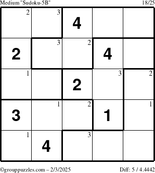 The grouppuzzles.com Medium Sudoku-5B puzzle for Monday February 3, 2025 with the first 3 steps marked