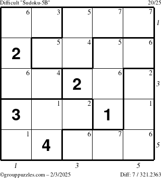 The grouppuzzles.com Difficult Sudoku-5B puzzle for Monday February 3, 2025, suitable for printing, with all 7 steps marked