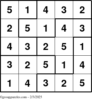 The grouppuzzles.com Answer grid for the Sudoku-5B puzzle for Monday February 3, 2025