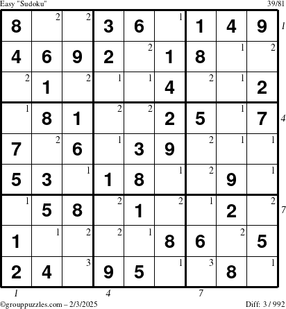 The grouppuzzles.com Easy Sudoku puzzle for Monday February 3, 2025 with all 3 steps marked