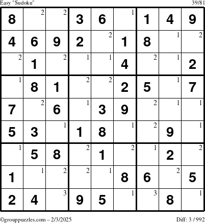 The grouppuzzles.com Easy Sudoku puzzle for Monday February 3, 2025 with the first 3 steps marked