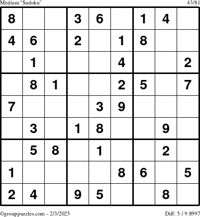 The grouppuzzles.com Medium Sudoku puzzle for Monday February 3, 2025