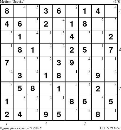 The grouppuzzles.com Medium Sudoku puzzle for Monday February 3, 2025, suitable for printing, with all 5 steps marked