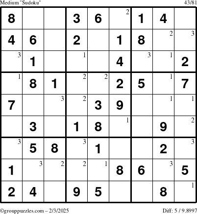 The grouppuzzles.com Medium Sudoku puzzle for Monday February 3, 2025 with the first 3 steps marked