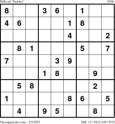 The grouppuzzles.com Difficult Sudoku puzzle for Monday February 3, 2025