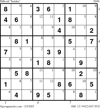 The grouppuzzles.com Difficult Sudoku puzzle for Monday February 3, 2025 with all 12 steps marked