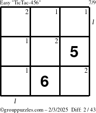 The grouppuzzles.com Easy TicTac-456 puzzle for Monday February 3, 2025 with all 2 steps marked