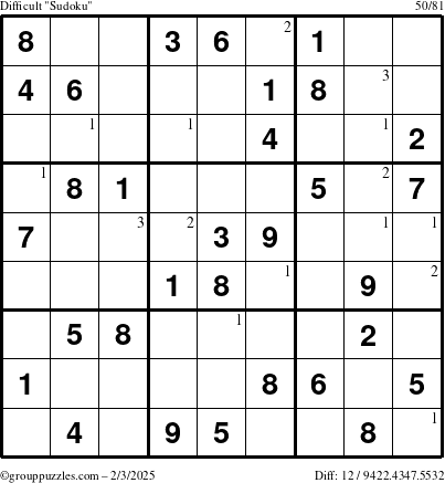 The grouppuzzles.com Difficult Sudoku puzzle for Monday February 3, 2025 with the first 3 steps marked