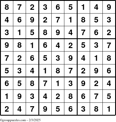 The grouppuzzles.com Answer grid for the Sudoku puzzle for Monday February 3, 2025