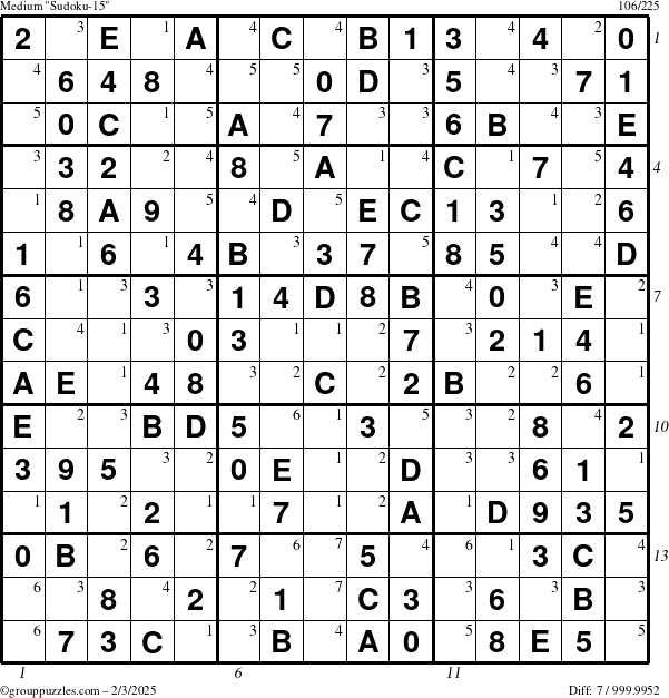 The grouppuzzles.com Medium Sudoku-15 puzzle for Monday February 3, 2025, suitable for printing, with all 7 steps marked