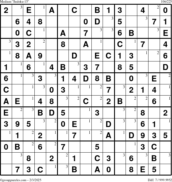 The grouppuzzles.com Medium Sudoku-15 puzzle for Monday February 3, 2025 with the first 3 steps marked