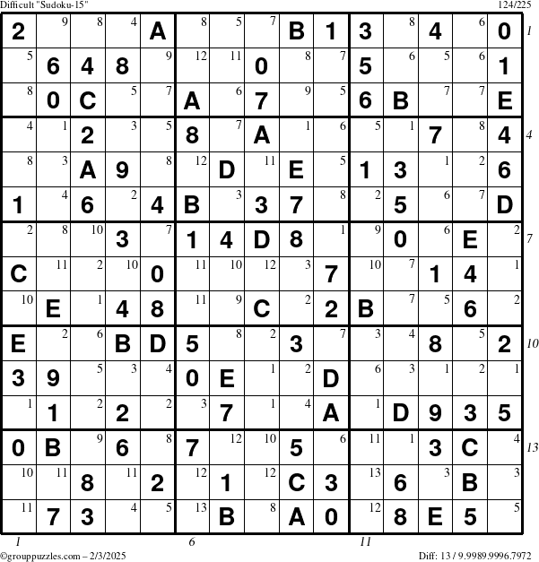 The grouppuzzles.com Difficult Sudoku-15 puzzle for Monday February 3, 2025 with all 13 steps marked