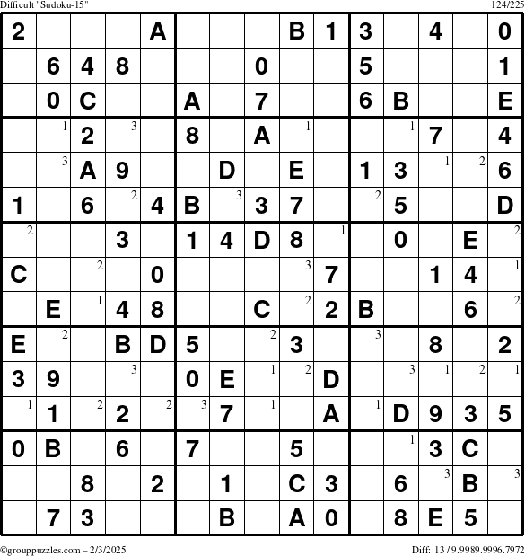 The grouppuzzles.com Difficult Sudoku-15 puzzle for Monday February 3, 2025 with the first 3 steps marked