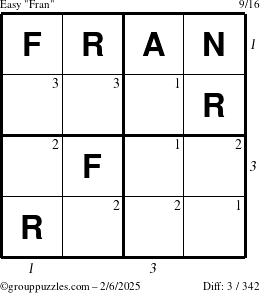 The grouppuzzles.com Easy Fran puzzle for Thursday February 6, 2025 with all 3 steps marked