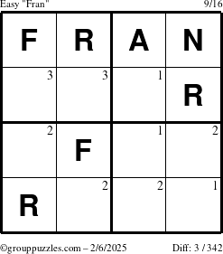 The grouppuzzles.com Easy Fran puzzle for Thursday February 6, 2025 with the first 3 steps marked