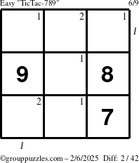 The grouppuzzles.com Easy TicTac-789 puzzle for Thursday February 6, 2025 with all 2 steps marked