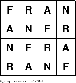 The grouppuzzles.com Answer grid for the Fran puzzle for Thursday February 6, 2025