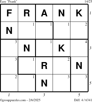 The grouppuzzles.com Easy Frank puzzle for Thursday February 6, 2025 with all 4 steps marked