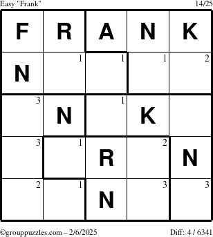 The grouppuzzles.com Easy Frank puzzle for Thursday February 6, 2025 with the first 3 steps marked