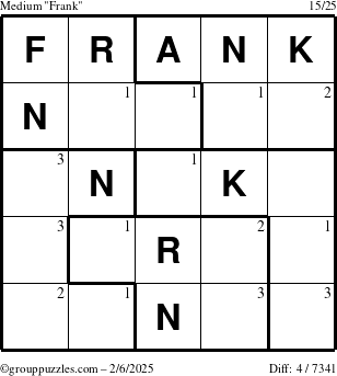 The grouppuzzles.com Medium Frank puzzle for Thursday February 6, 2025 with the first 3 steps marked