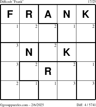 The grouppuzzles.com Difficult Frank puzzle for Thursday February 6, 2025 with the first 3 steps marked