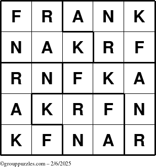 The grouppuzzles.com Answer grid for the Frank puzzle for Thursday February 6, 2025