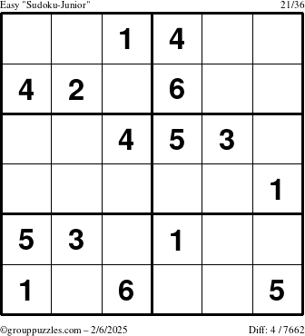 The grouppuzzles.com Easy Sudoku-Junior puzzle for Thursday February 6, 2025