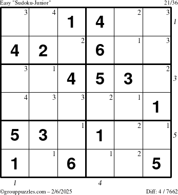 The grouppuzzles.com Easy Sudoku-Junior puzzle for Thursday February 6, 2025 with all 4 steps marked