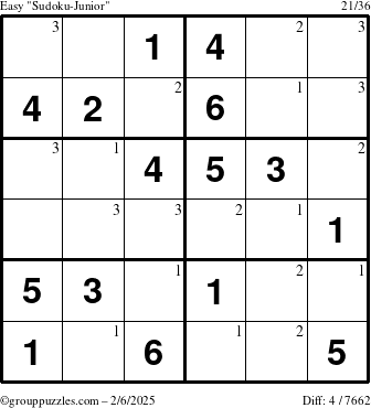 The grouppuzzles.com Easy Sudoku-Junior puzzle for Thursday February 6, 2025 with the first 3 steps marked