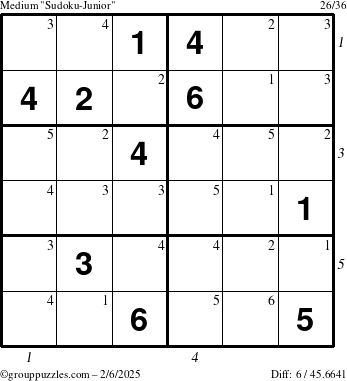 The grouppuzzles.com Medium Sudoku-Junior puzzle for Thursday February 6, 2025 with all 6 steps marked