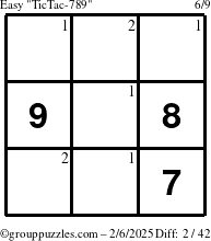 The grouppuzzles.com Easy TicTac-789 puzzle for Thursday February 6, 2025 with the first 2 steps marked