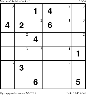 The grouppuzzles.com Medium Sudoku-Junior puzzle for Thursday February 6, 2025 with the first 3 steps marked