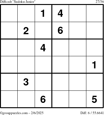 The grouppuzzles.com Difficult Sudoku-Junior puzzle for Thursday February 6, 2025